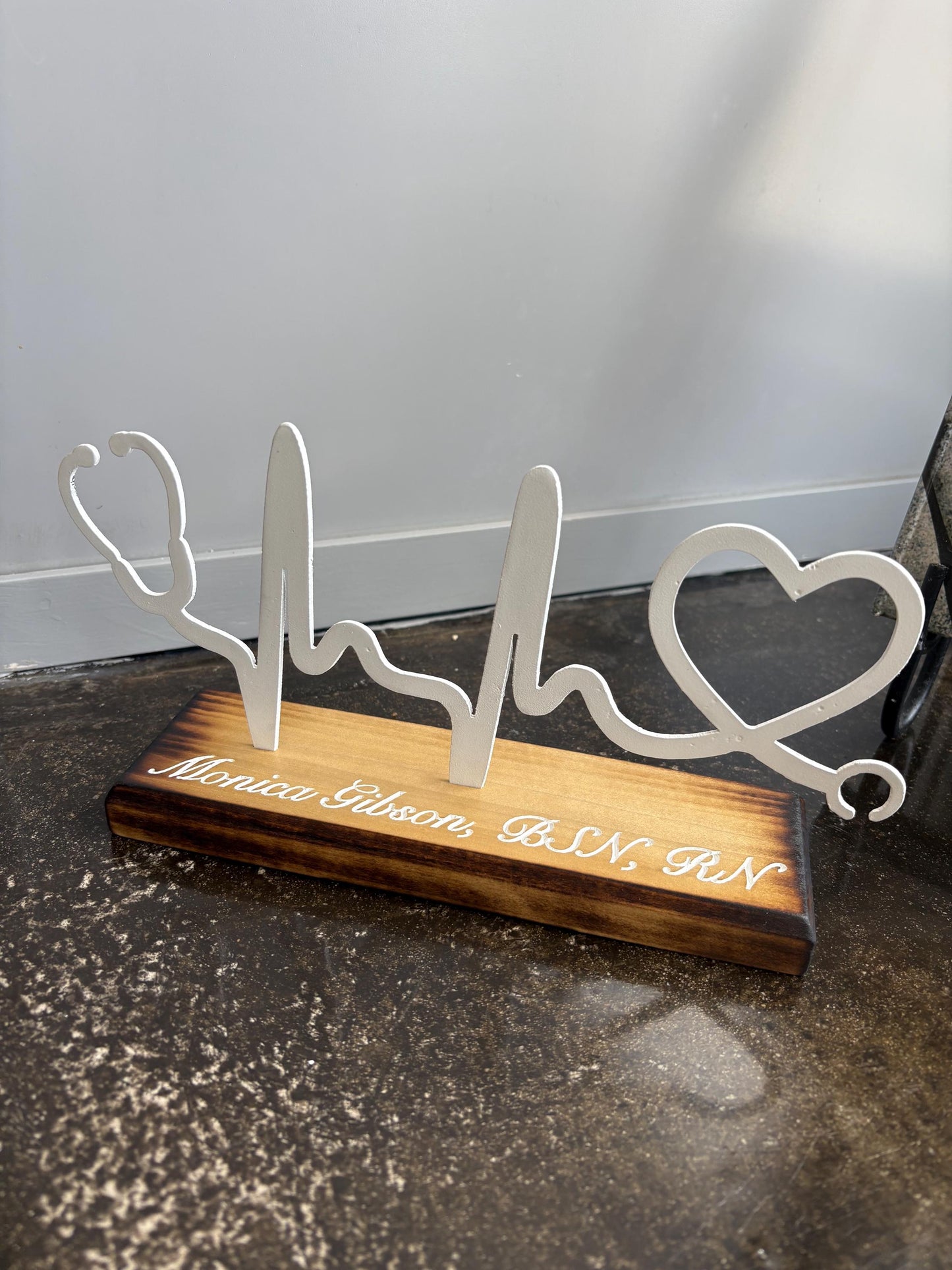 Personalized Heartbeat Stethoscope Desk Sign: Wood & Metal Nurse Gift