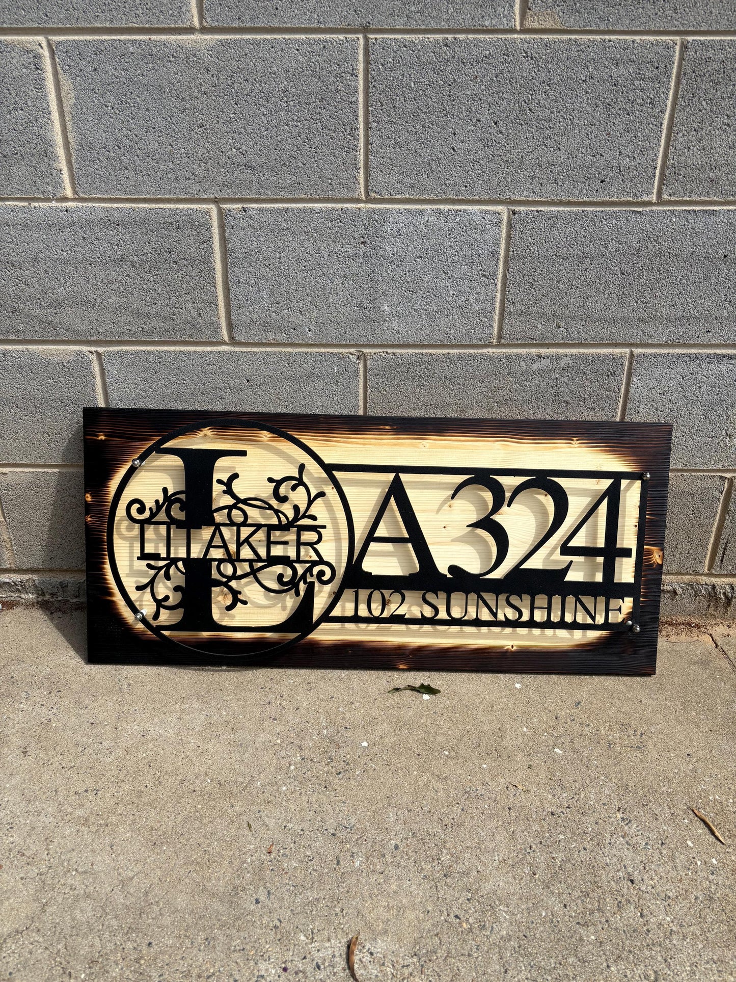 Custom Metal House Number Sign: Rustic Wood Backing Option