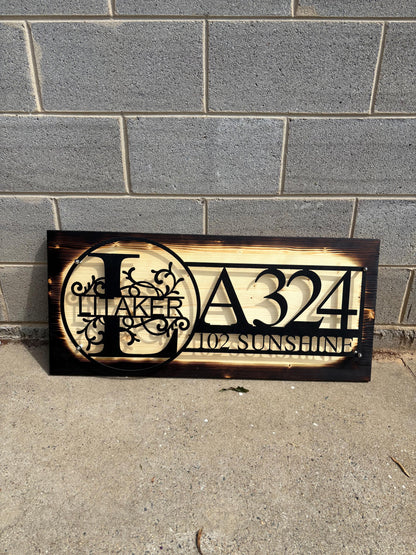 Custom Metal House Number Sign: Rustic Wood Backing Option