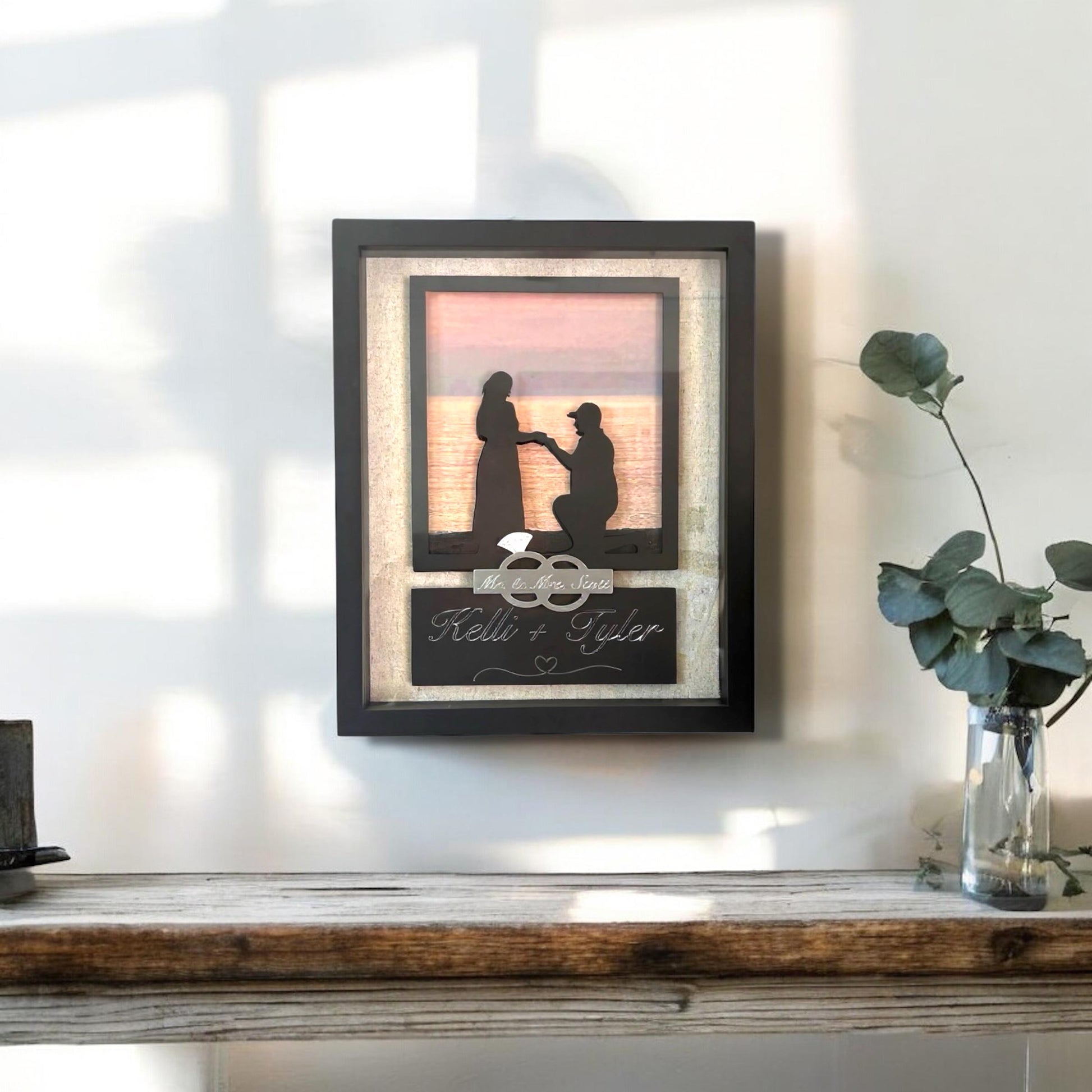 Personalized Engagement Shadow Box: Custom Silhouette, Metal Accents