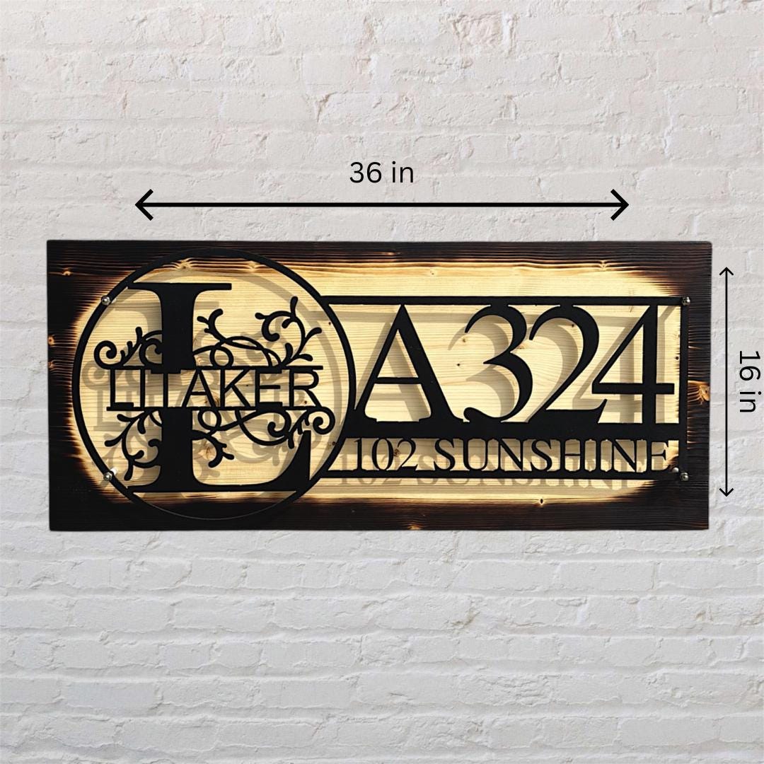 Custom Metal House Number Sign: Rustic Wood Backing Option