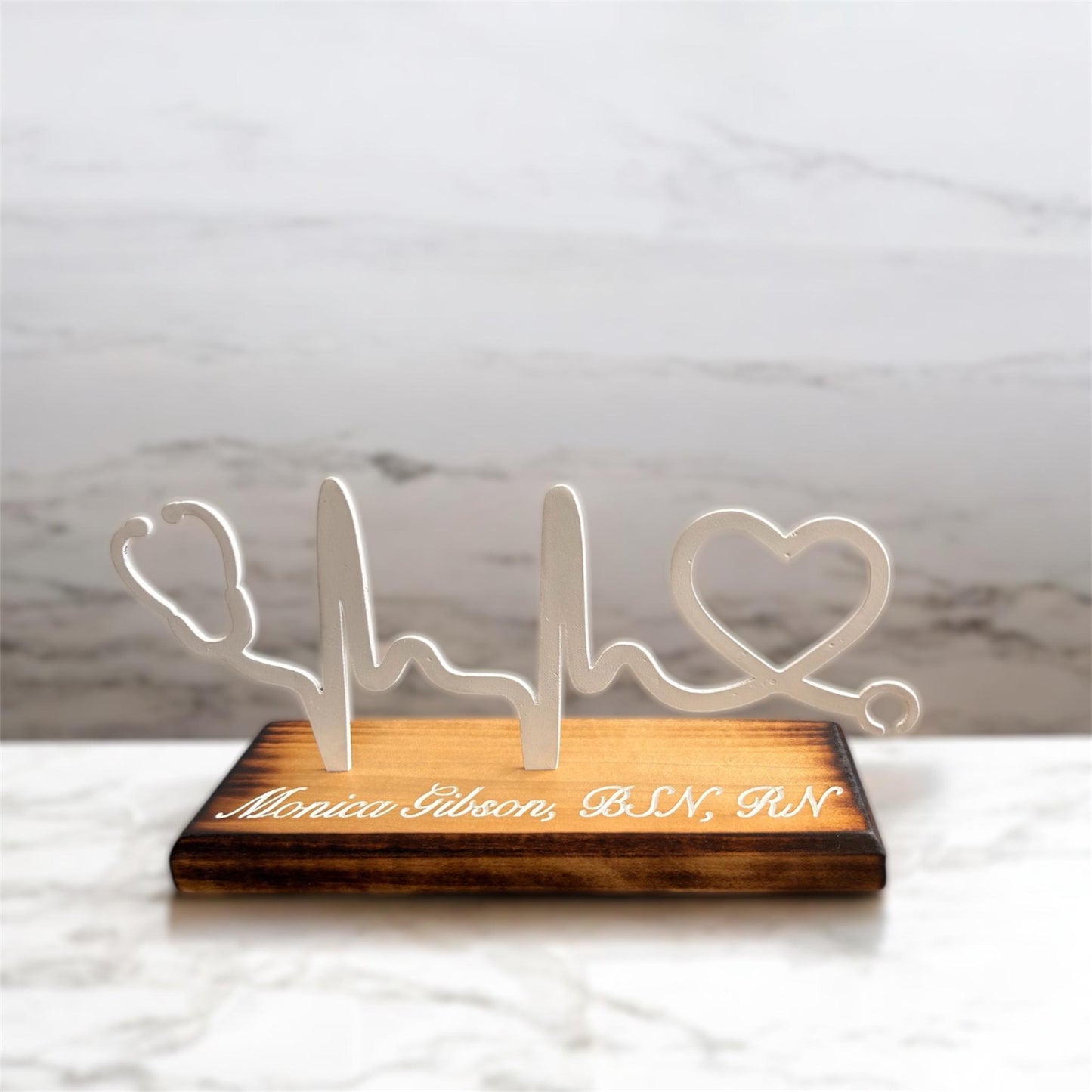 Personalized Heartbeat Stethoscope Desk Sign: Wood & Metal Nurse Gift
