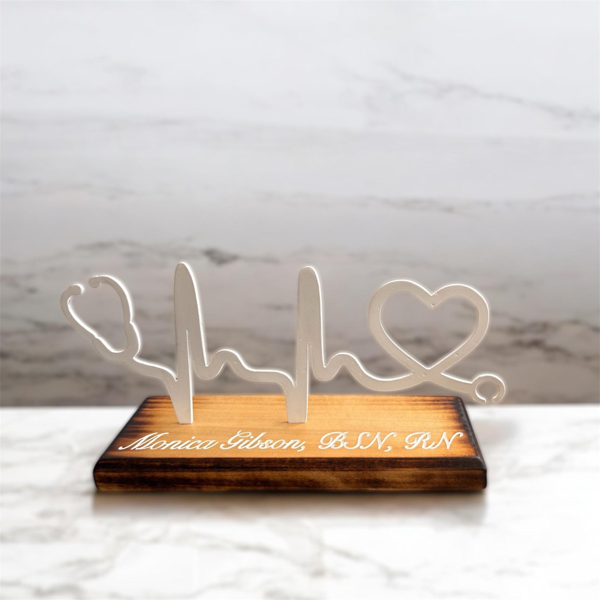 Personalized Heartbeat Stethoscope Desk Sign: Wood & Metal Nurse Gift