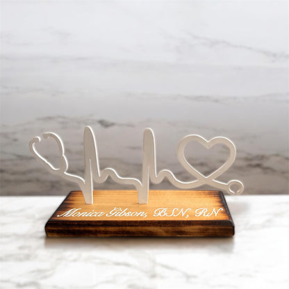 Personalized Heartbeat Stethoscope Desk Sign: Wood & Metal Nurse Gift
