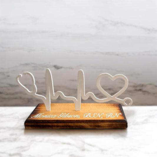 Personalized Heartbeat Stethoscope Desk Sign: Wood & Metal Nurse Gift