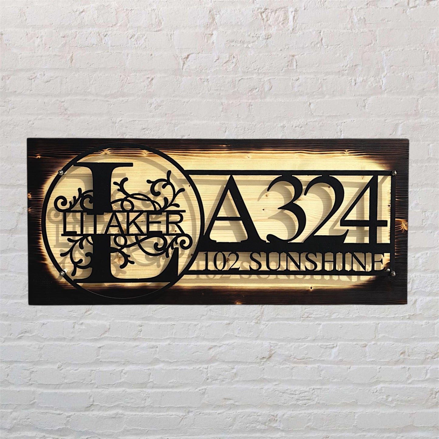 Custom Metal House Number Sign: Rustic Wood Backing Option