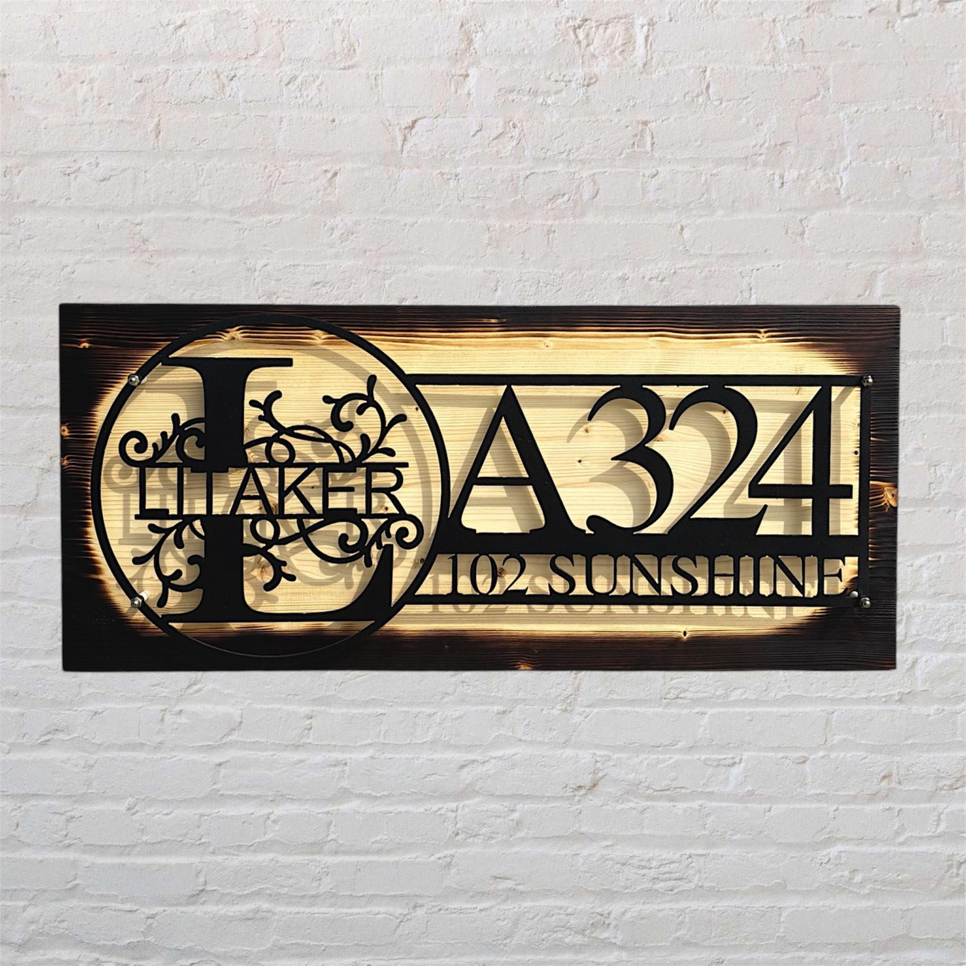 Custom Metal House Number Sign: Rustic Wood Backing Option