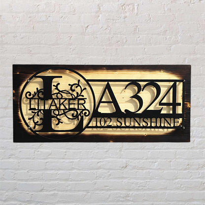 Custom Metal House Number Sign: Rustic Wood Backing Option