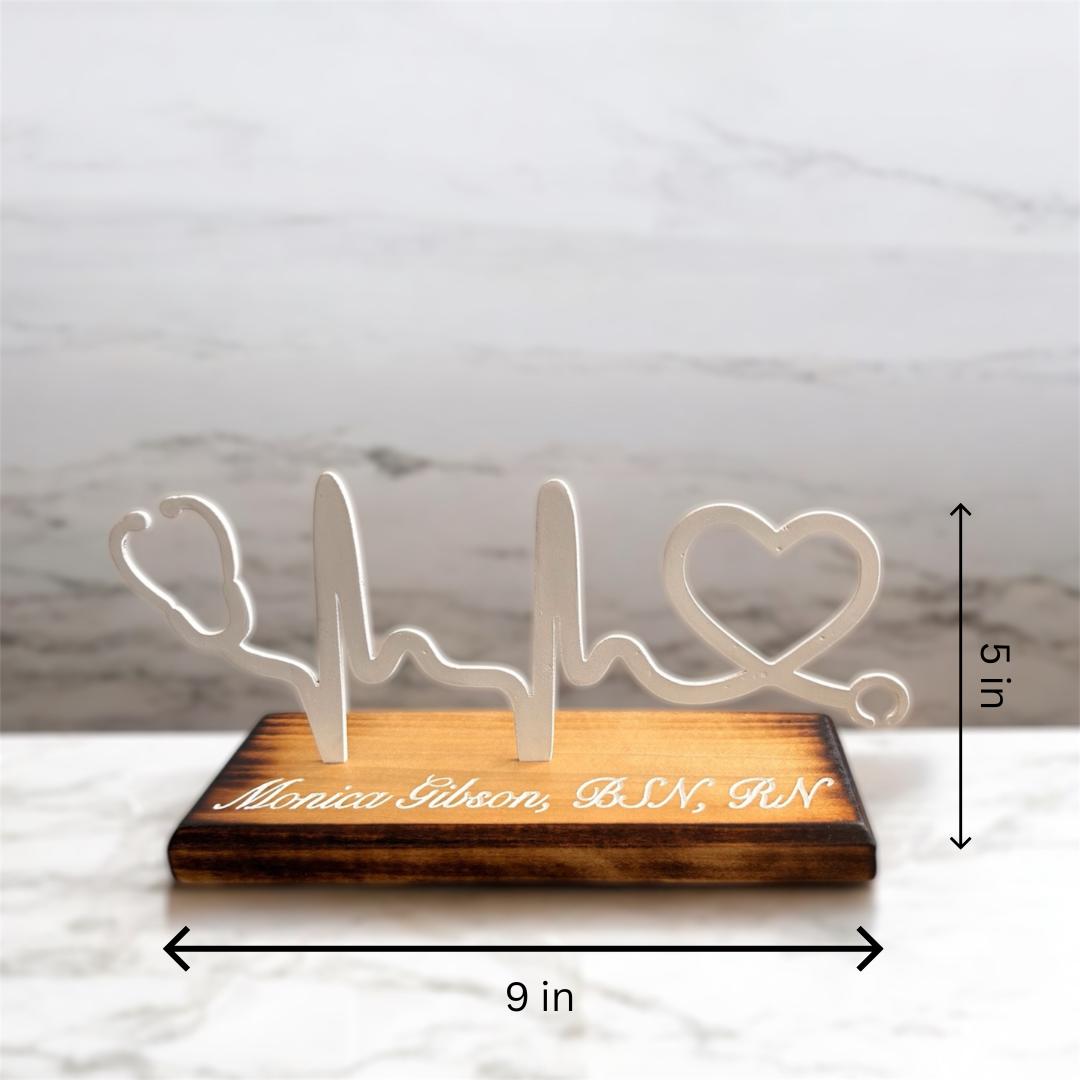 Personalized Heartbeat Stethoscope Desk Sign: Wood & Metal Nurse Gift