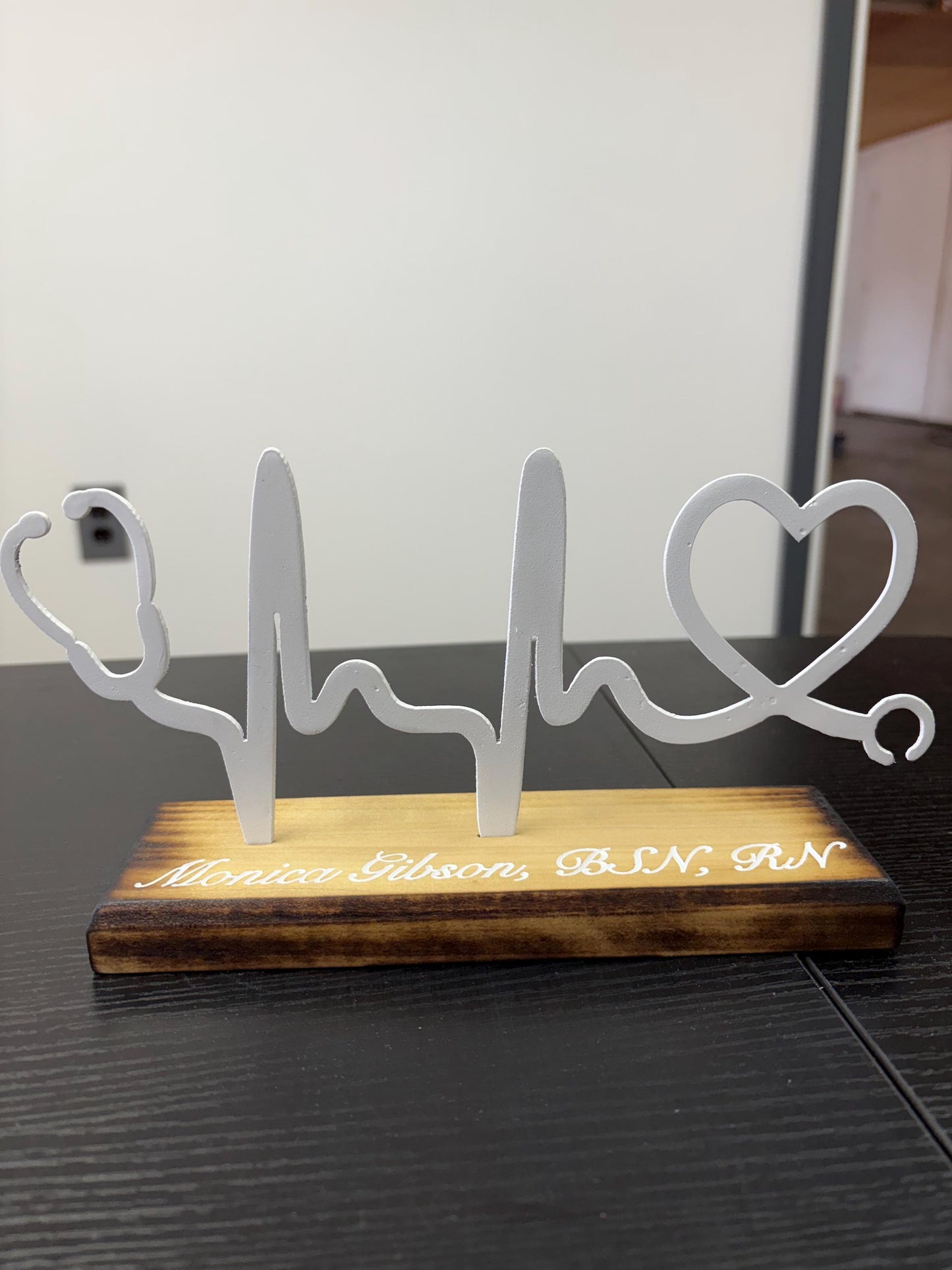 Personalized Heartbeat Stethoscope Desk Sign: Wood & Metal Nurse Gift
