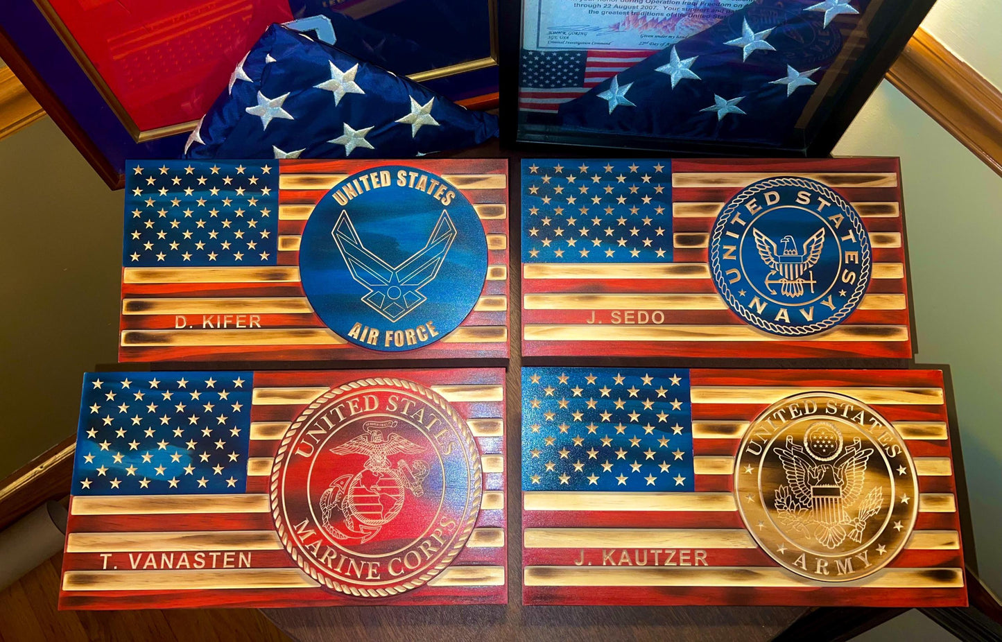 Bulk Custom Wooden Military Flags, Personalized Engraved Name, U.S. Armed Forces, Wall Plaque, Army, Navy, Marine, Air Force, Gifts
