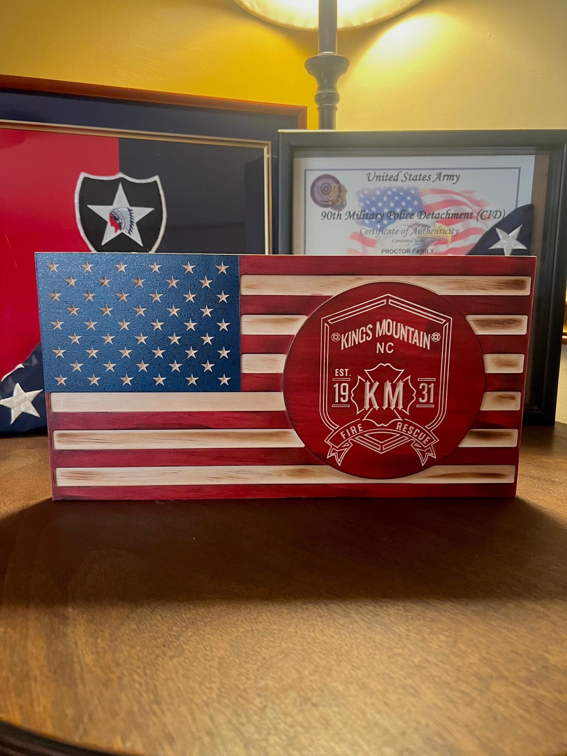 Custom Wooden Flag — Police, Firefighter, First Responder — Personalized Badge/Logo — Engraved Name, Rank & Department