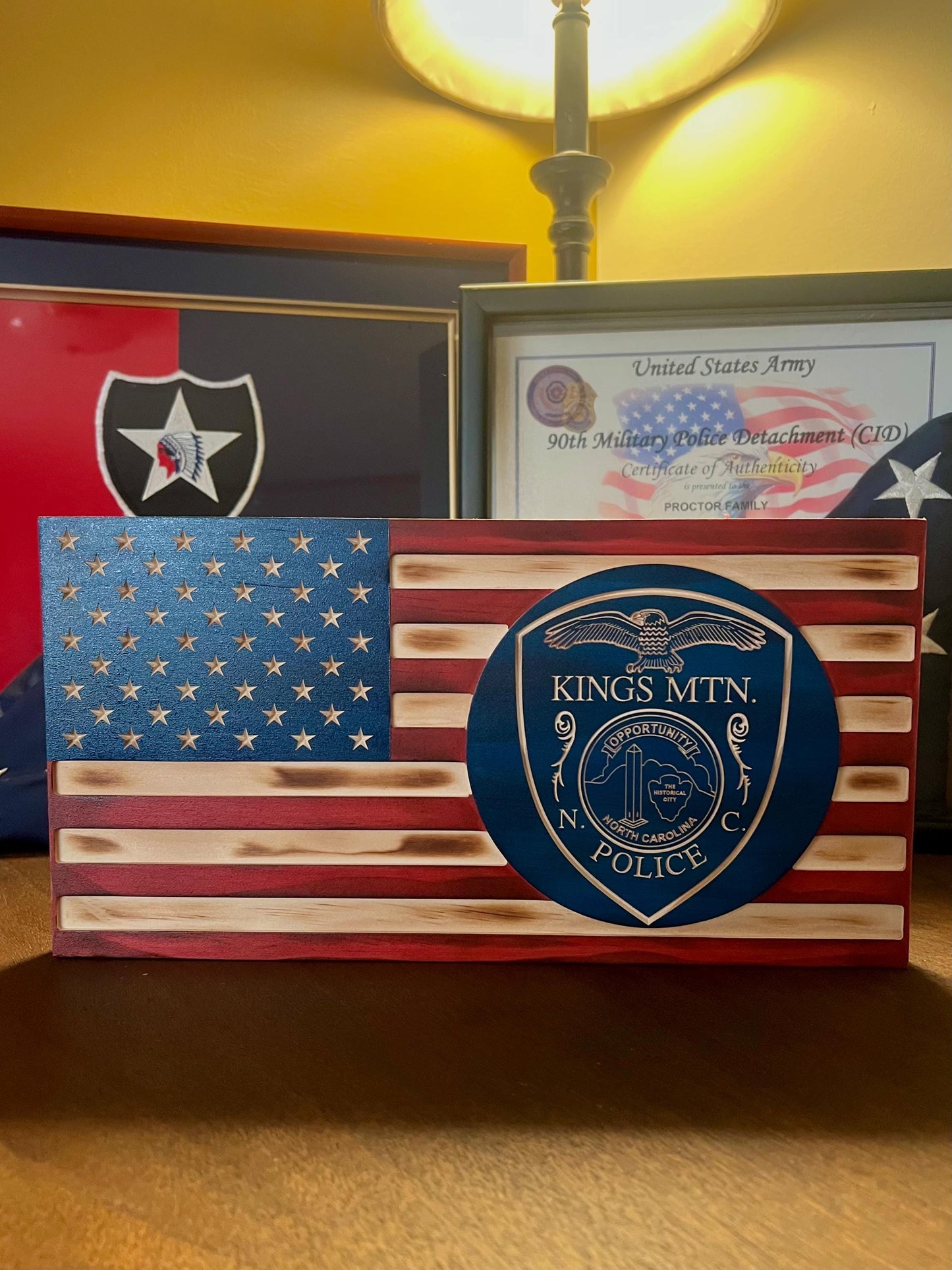 Custom Wooden Flag — Police, Firefighter, First Responder — Personalized Badge/Logo — Engraved Name, Rank & Department