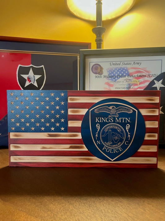 Custom Wooden Flag — Police, Firefighter, First Responder — Personalized Badge/Logo — Engraved Name, Rank & Department