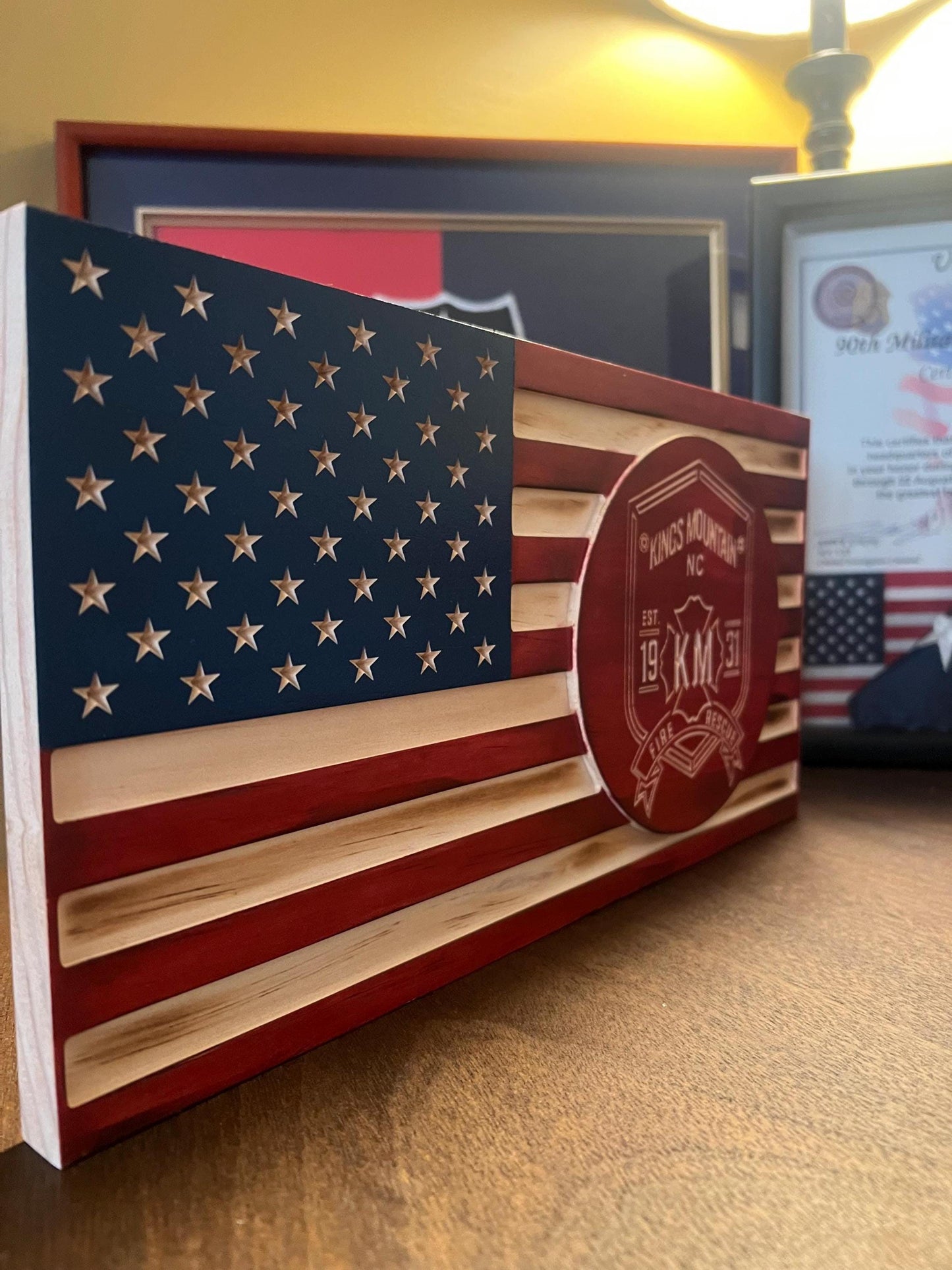 Custom Wooden Flag — Police, Firefighter, First Responder — Personalized Badge/Logo — Engraved Name, Rank & Department