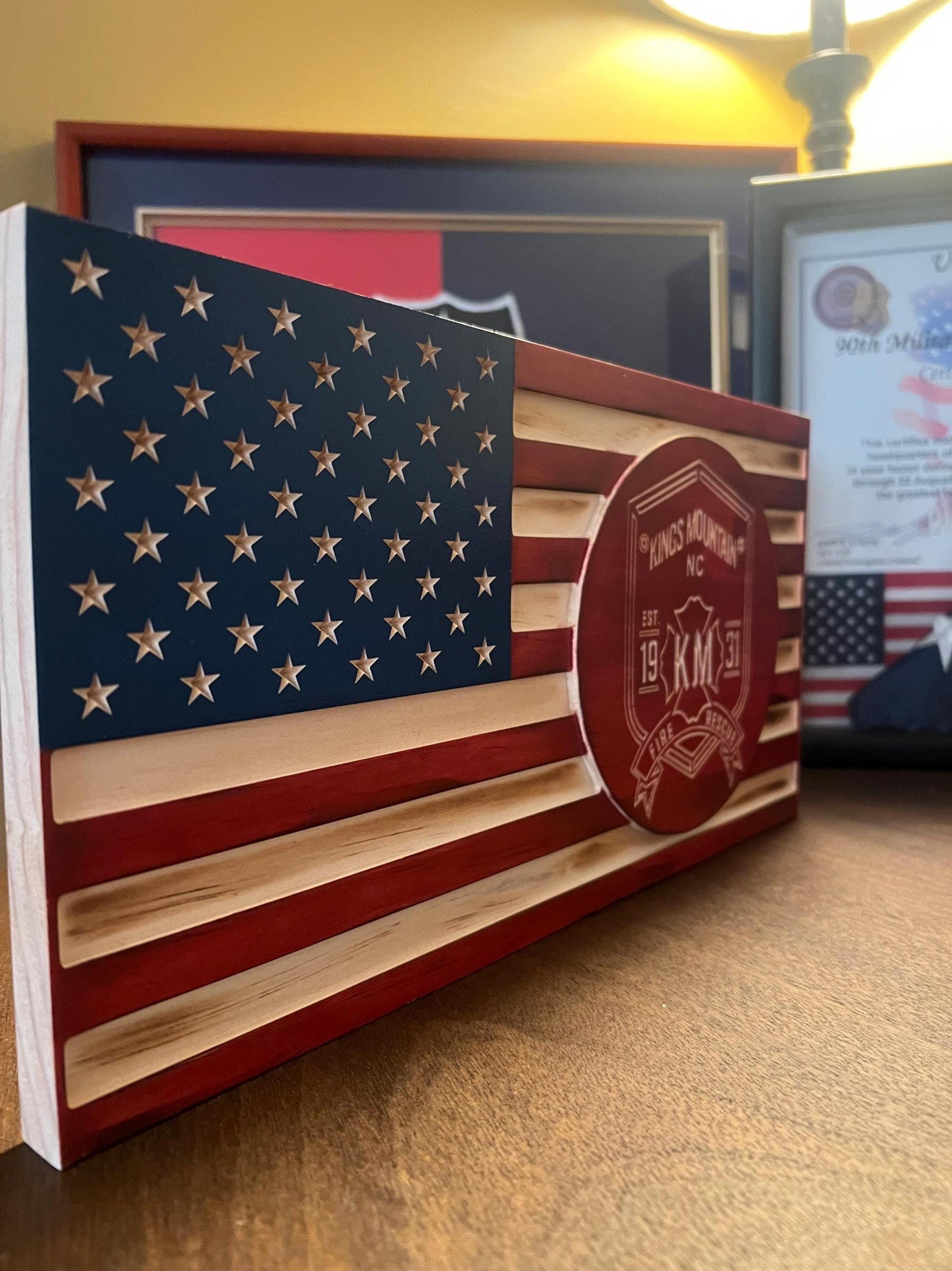 Custom Wooden Flag — Police, Firefighter, First Responder — Personalized Badge/Logo — Engraved Name, Rank & Department