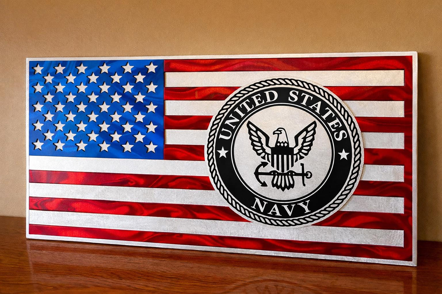 Personalized US Navy Aluminum Flag – Handmade Military Wall Art
